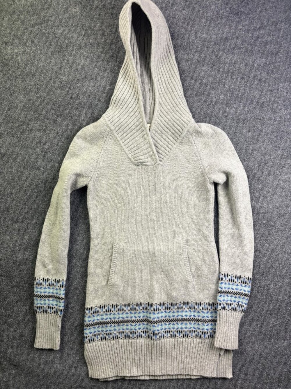 DAKINI Sweater Tunic Womens‎ XS Gray Hooded Fair Isle Knit Kangaroo Pocket